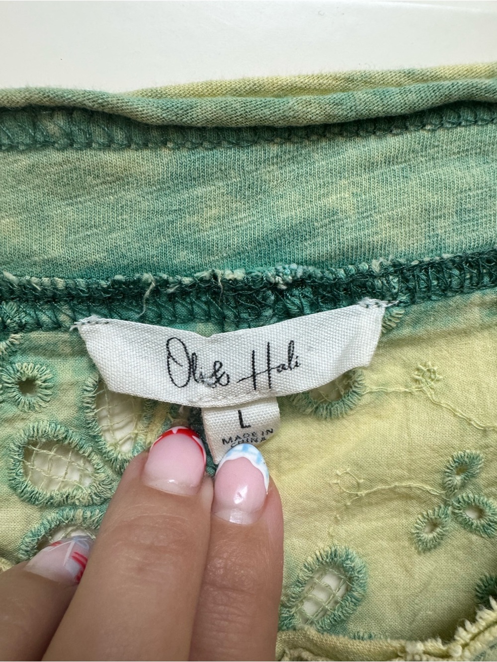 Light Green Embroidered Women’s Blouse - Boho Eyelet Top - Picture 3 of 3